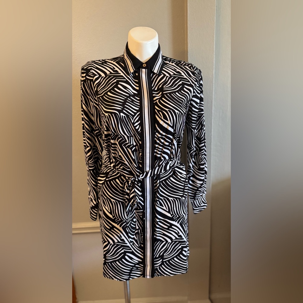 Michael Kors Black & White Long Sleeve Shirt Dress with Tie Waist Zebra